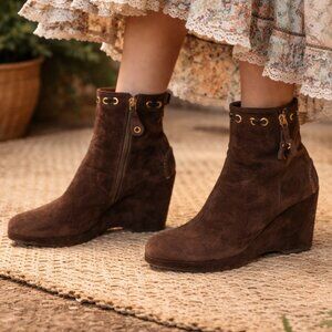 Original Car Shoe Prada Chocolate Suede Gold Tone Eyelet Wedge, Size 36.5